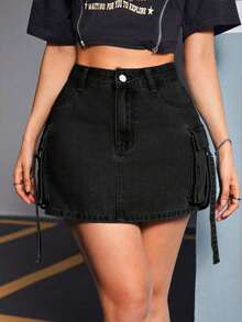 Falda de mezclilla de unicolor de moda para mujer - Negro - Ver 5