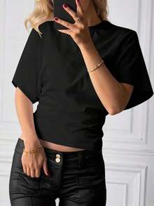 Camiseta blanca casual de mujer de cuello redondo y manga corta, holgada - Negro - Ver 2