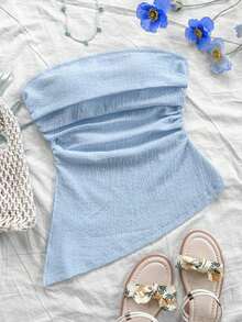 Blusa ajustada con vuelo, escote tubo, textura azul, bajo asimétrico, abertura lateral, para vacaciones de la mujer - Azul - Ver 6