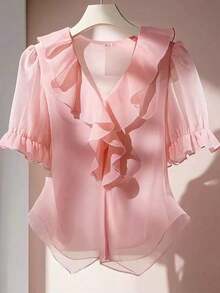 Blusa casual con cuello en V, mangas con volantes y pétalos - Rosa - Ver 5