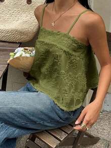 Top de tirantes de encaje de unicolor versátil y casual para mujer - Verde - Ver 6