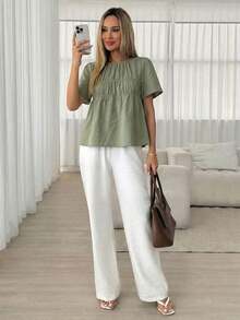 Camisa casual de mujer de unicolor, cuello redondo, manga corta y plisada - Verde - Ver 4