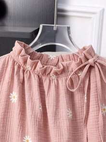 Blusa sin mangas con estampado floral diminuto y cuello con volantes, casual de verano para mujer - Rosa - Ver 3
