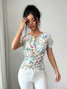 Blusa de manga corta con cuello redondo, estilo envolvente, elegante y casual, con cinturón y cuentas, adecuada para ir al trabajo, citas, y uso durante todo el año en primavera/verano.Blusa elegante para damas, apropiada para fiestas, citas, oficina, negocios, vida diaria en primavera/verano, temporada de graduación, Día del Maestro, vuelta al colegio, Acción de Gracias.Blusa de manga corta para uso diario, de unicolor con cuentas. - Multicolor - Ver 5