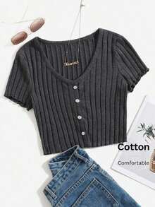Top tejido de canalé con botón delantero de borde en forma de lechuga - Gris Oscuro - Ver 7