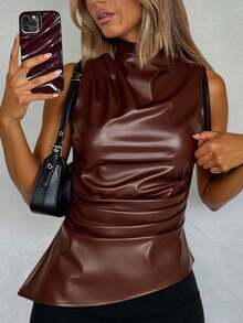 Camiseta ajustada con pliegues y estampado a cuadros para mujer, adecuada para uso diario, trabajo y viajes en verano - Marrón Chocolate - Ver 1