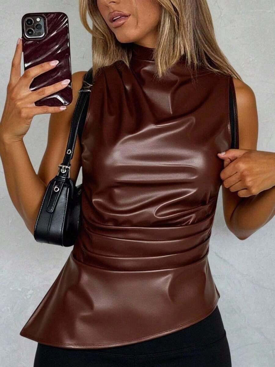 Camiseta ajustada con pliegues y estampado a cuadros para mujer, adecuada para uso diario, trabajo y viajes en verano - Marrón Chocolate - Ver 1