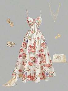 MOD Vestido con estructura de corsé con contraste de rayas azul y blanco en la cintura, estampado floral en el bustier, atuendo de vacaciones para mujer, vestido de verano, atuendo de campo, ropa de playa, vestido de verano, vestido de Pascua para mujer, vestidos de verano para mujer, vestido de fiesta de té - Multicolor 2 - Ver 4