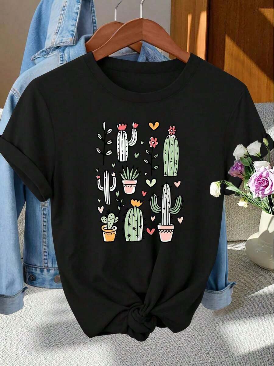 Camiseta 100% Algodón - Camiseta Vintage de Mujer con Estampado de Cactus y Corazón - Blusa de Manga Corta con Cuello Redondo y Estampado de Cactus Pintado a Mano - Top Compatible Ideal para Sesiones de Fotos, Viajes al Trabajo, Vacaciones y Uso Diario - Tops de Verano para Mujer - Nuevos Conjuntos de Verano 2026 para Mujer - Conjuntos de Vacaciones para Mujer - Ropa de Mujer Adecuada para primavera, verano y otoño. - Negro - Ver 1