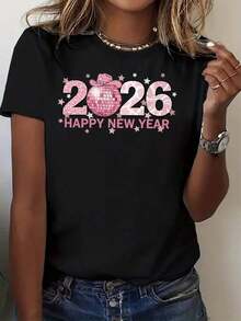 Camiseta de manga corta con estampado de bola de discoteca y estrellas rosas de Feliz Año Nuevo 2026 - Perfecta para celebraciones de Año Nuevo y atuendos de fiesta - Camiseta de verano - Negro - Ver 7