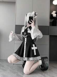 Japanese Jirai Kei Style Cross Mini Dress Women's Lapel Collar Flare Sleeve Striped Lace Dress Y2K Subculture Dress Girly Goth - màu đen - Xem 7