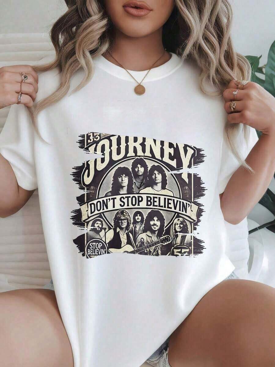 Women's Casual Short Sleeve T-Shirt - Vintage Journey Band Members Don't Stop Believin' Design, Crew Neck, Summer Top, Machine Washable, Ladies' T-Shirts, Casual Wear, Modern Style, Comfortable Fit
-White - 白色 - 查看 1