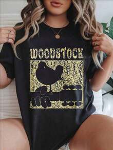 Camiseta Casual de Moda para Mujer con Estampado Vintage de Pájaro, Árbol y Símbolo de la Paz, Adecuada para Todas las Temporadas  
 BlackFashion - Negro - Ver 7