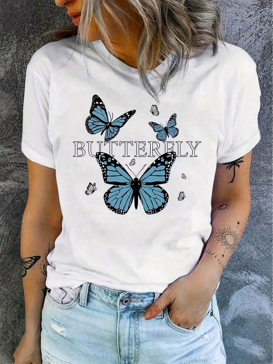 1 Piece Fashion Casual T-Shirt For Men And Women With Butterfly Print, Round Neck, Short Sleeve, Versatile Clothing For Women, Easy To Match, Daily Wear, Urban Style, Vacation Outfit, Weekend Wear - 白色 - 查看 1