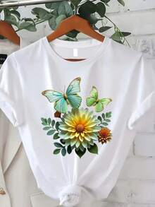 Camiseta Clásica de Talla Grande para Mujer con Estampado de Mariposas - Top Casual de Manga Corta y Cuello Redondo, Suave y Cómoda, Adecuada para Usar en Verano y Otoño, Regalo Ideal para Acción de Gracias/Navidad/Año Nuevo, Éxito de - Blanco - Ver 7