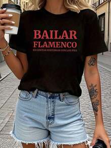 SummerBlusa de mujer con estampado de bailarina española - Top casual de manga corta con cuello redondo, adecuada para eventos de baile y atuendos casuales, lavable a máquina, atuendo de baile español o ropa casual con estampado temático de baile español, playeras de mujer, playeras de hombre, playeras de mujer curvy. Camiseta de manga corta para mujer, estilo básico que combina con todo, para uso interior y exterior. - Negro - Ver 8