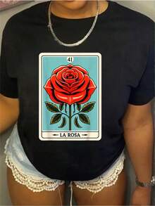 Edición Limitada, Talla, Camiseta Oversize con Estampado de Rosas, Diseño de Lotería Mexicana Bingo, Cuello Redondo, Manga Corta, Tela Elástica, Top de Verano, Algodón Ligero. - Negro - Ver 1