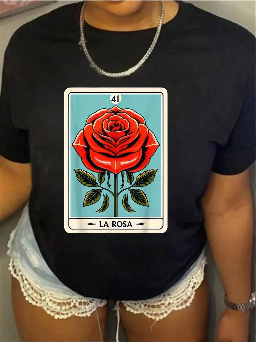 Edición Limitada, Talla, Camiseta Oversize con Estampado de Rosas, Diseño de Lotería Mexicana Bingo, Cuello Redondo, Manga Corta, Tela Elástica, Top de Verano, Algodón Ligero. - Negro - Ver 1