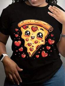 playeras de algodón mujer 1psc1 pieza de camiseta Kawaii de rebanada de pizza con corazones para mujeres y hombres, camiseta gráfica de comida divertida, regalo de San Valentín, camisa de algodón en blanco y negro, diseño de pizza de dibujos animados, ropa temática de amor 180g 100% algodón suave100%cotton ropa de mujer Daily home top - Negro - Ver 7
