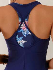 Swim Lushoire Conjunto de 3 piezas para mujer con top corto y conjunto de bikini con estampado floral para vacaciones en la playa - Azul - Ver 4