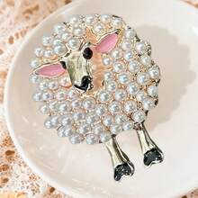 1pc Fashionable Faux Pearl Sheep Alloy Brooch, Women Jacket Clothing Accessory - Lamb Brooch - View 6