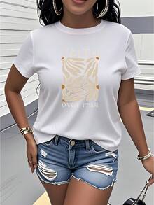 1 camiseta estampada con la frase "Faith Over Fear", de manga corta y cuello redondo, ropa de mujer, estilo simple y artístico, versátil y a la moda, adecuada para uso diario casual, fiestas, viajes, vacaciones, regalo de cumpleaños, 100% algodón. ropa de calor mujer - Blanco - Ver 7