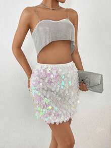 Minifalda ajustada con lentejuelas para ropa de fiesta de vacaciones - Blanco 2 - Ver 5