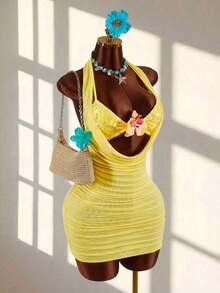 Conjunto de 2 piezas de top corto halter sin espalda con lentejuelas y falda mini drapeada de malla, estilo casual de playa para vacaciones - Amarillo - Ver 4