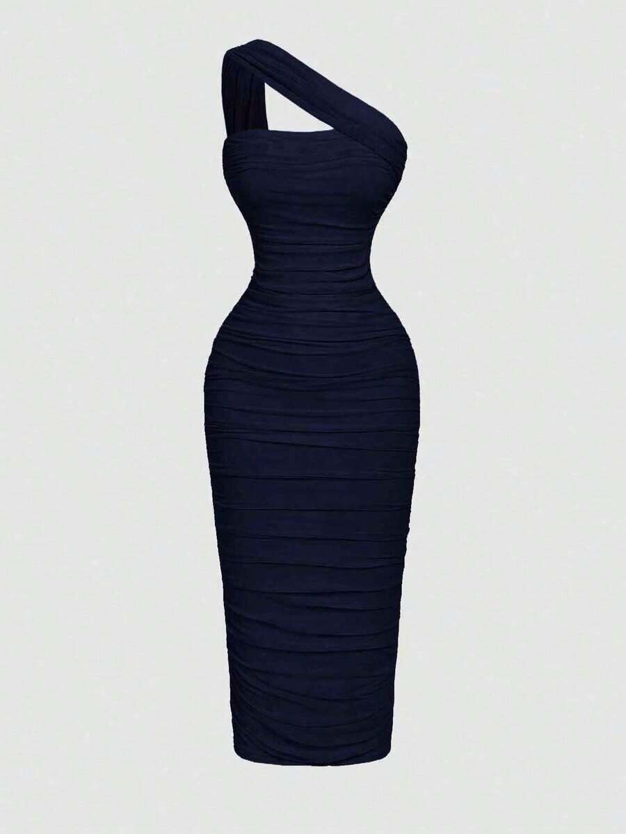 Vestido sin mangas con pliegues asimétricos de estilo vintage para mujer - Azul marino - Ver 1