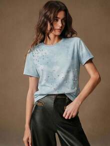 Camiseta de mujer casual con efecto desgastado y adornada con diamante de imitación - Azul - Ver 2