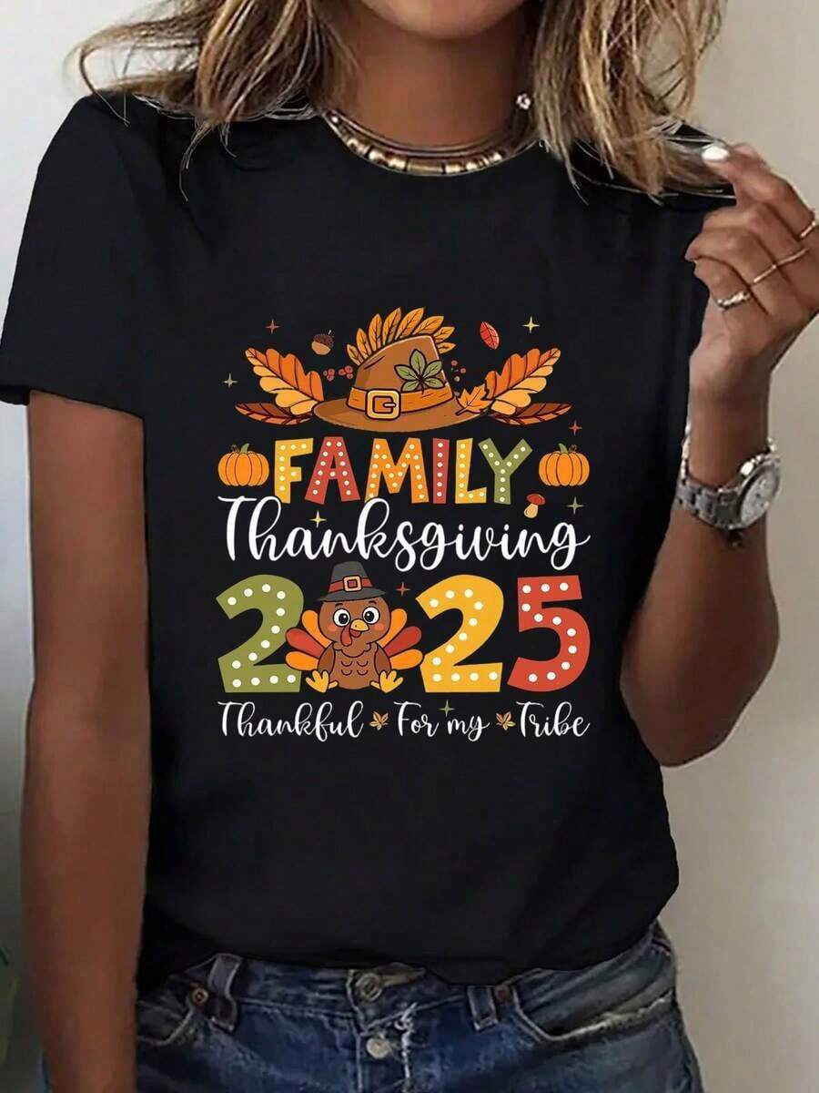 2025 Thanksgiving Family T-Shirt, Black, Turkey And Pumpkin Print For Autumn Festival, Casual Holiday Wear For Women And Girls. Loose, Casual, And Versatile Y2K Style T-Shirt. - 黑色 - 查看 1