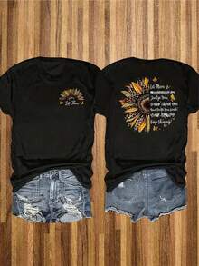 Camiseta con estampado de letras en ambos lados, cuello redondo, manga corta, estilo casual, para primavera y verano, camiseta de moda casual para mujer. - Negro - Ver 6