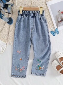 Jeans casuales y lindos para niñas, de tela de mezclilla, con cintura elástica, patrón de bordado floral, diseño bordado, jeans bordados de estilo juguetón - Azul - Ver 1