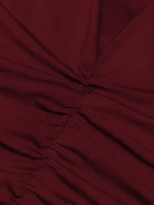 女士优雅纯色V领露背褶皱收腰性感修身连衣裙，适合新年、情人节派对、毕业典礼、婚礼、伴娘等场合 - 酒紅色 - 查看 4