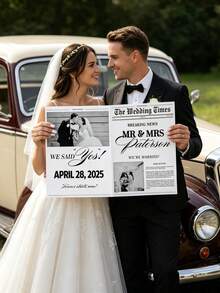 1pc Personalized Wedding Newspaper, Customized Photo And Text Wedding Announcement, Vintage Newspaper Style Ceremony Program, Bridal Shower Keepsake, Engagement Announcement Poster, Suitable For Reception, Welcome Table, Proposal, Anniversary, Bridal Shower, Wedding Decor - Multicolor - View 3