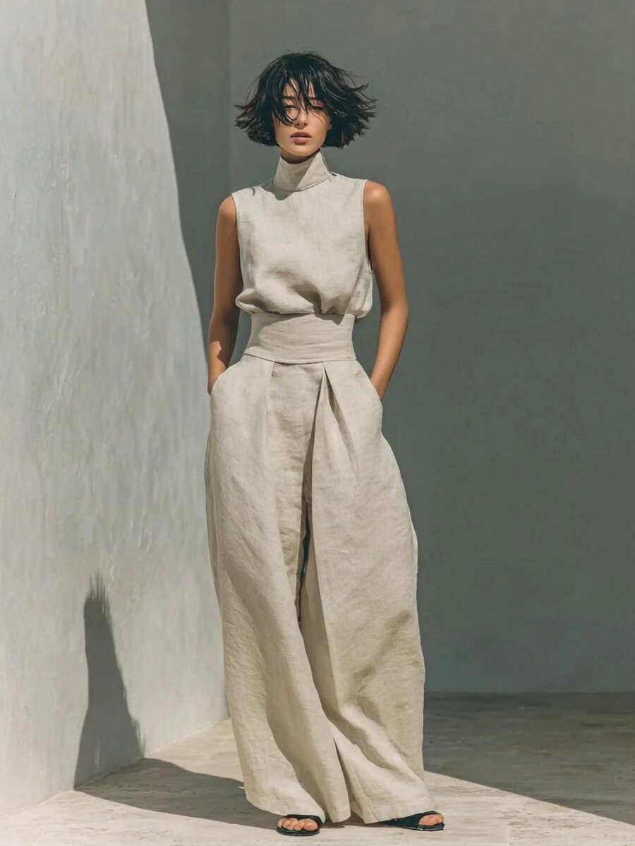 Nuevo 2026 Conjunto Dos Piezas Mujer Algodón Lino Sin Mangas Pantalones Casual Primavera Verano - Albaricoque - Ver 1