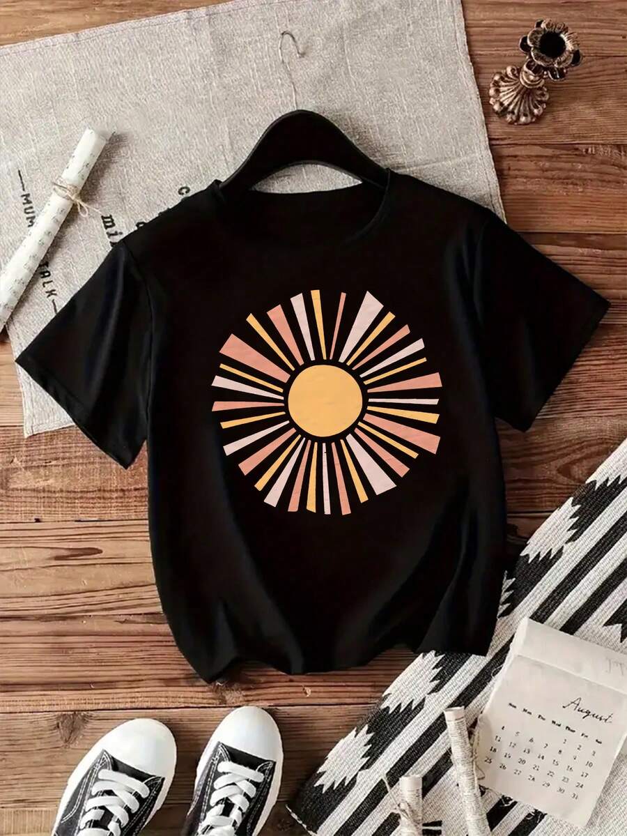 1PC Women's Short Sleeve Crew Neck T-Shirt, Polyester Woven, Casual Style, All Seasons, With Creative Cartoon Sun Print. Women's Warm Clothing - 黑色 - 查看 1