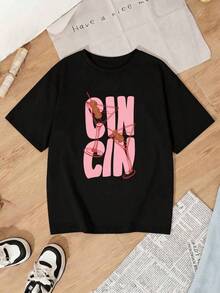 Camiseta Casual de  con Estampado de Gin y Martini, Manga Corta y Cuello Redondo SBPS - Negro - Ver 3