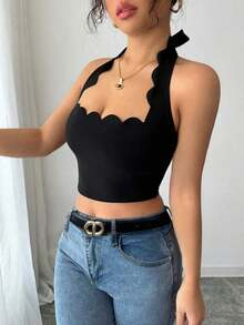 Top corto con escote halter, volantes y amarres en negro para mujer, ideal para vacaciones - Negro - Ver 4