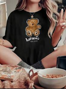 Camiseta de 180g con gráfico de oso de peluche adorable para mujer, regalo perfecto para reuniones familiares, eventos corporativos, ligera, transpirable, de cuello redondo, estilo de comodidad excepcional, i parrimavera y otoño, camiseta casual ligera de manga cortara uso diario de mujer - Negro - Ver 2