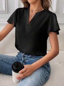 Camisa de mujer de unicolor con escote en V entallado y manga corta, informal y adecuada para el trabajo, blusas de manga corta - Negro - Ver 6