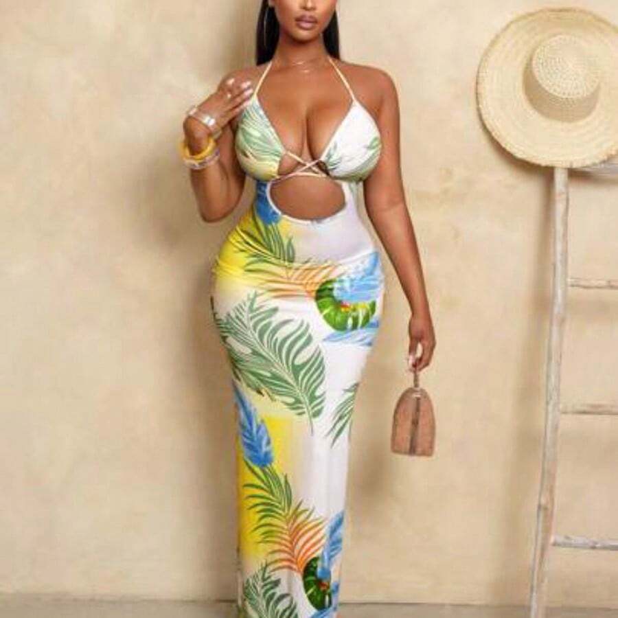 Women's Tropical Plant Print Hollow-Out Sexy Tie Neck Dress, Vacation Wear - Multicolor - Ver 1