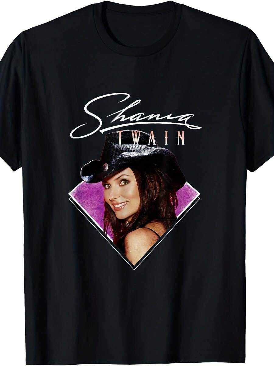 Unisex Pure Cotton T-Shirt, Men's And Women's Shania Twain Iconic Logo, Signature Song Lyrics, Unisex, 100% Cotton. Soft, All-Season Casual Streetwear Essential, All-Match Style, Affordable, Everyday Wear And Perfect Christmas Gift For Fans And Friends. Summer T-Shirt, Summer Clothes For Women, Men's Summer Outfit, Women's Shirt, Creative Design, Outdoor Play, Cool Style, Fun Design, Great For Outdoor Play. - Black - View 1