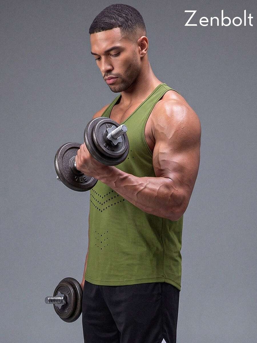 ZULIZ Zenbolt Men's Racerback Sleeveless Tank Top, Featuring Geometric Print Pattern, Classic Casual Fit, Versatile Wear For Gym Training, Sports Activities And Everyday Outings - Olive Green - View 1