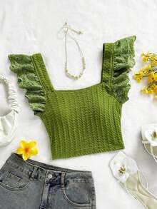 Elegante top corto de mujer de punto con plisados, adornos de encaje floral y diseño ideal para vacaciones - Verde - Ver 1