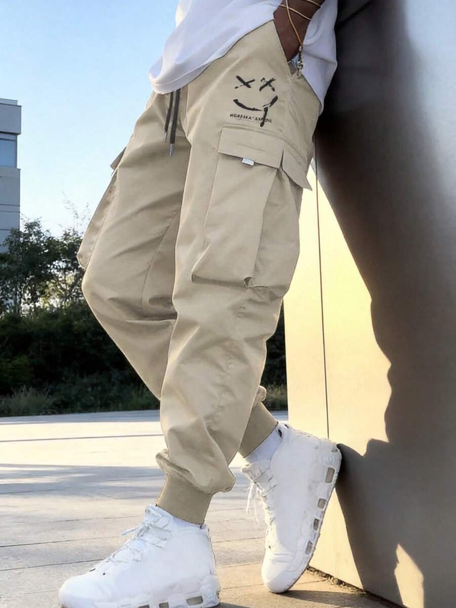 Pantalones cargo casuales de hombre con cordón y estampado de letras - Beis - Ver 1