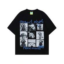 T1082 Camiseta de manga corta holgada para hombre, estilo urbano americano, verano 2025, diseño retro de portada de revista con perro, para parejas. - Negro - Ver 7