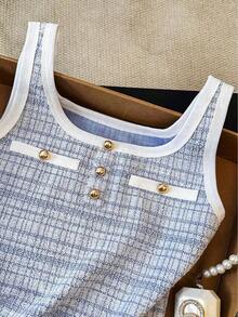 Blusa Casual de Mujer  con Ribete en Contraste y Botones, Versátil para Uso Diario - Azul - Ver 3