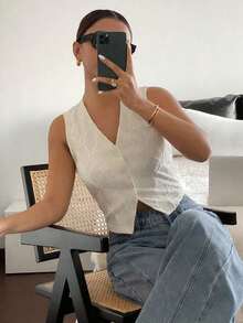 Top sin mangas blanco puro con bordado, de estilo "Old Money", casual y lindo para verano, para salir - Albaricoque - Ver 3
