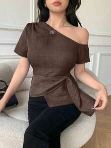 Blusa casual elegante de hombros con nudo, de corte slim para mujeres - Marrón - Ver 5